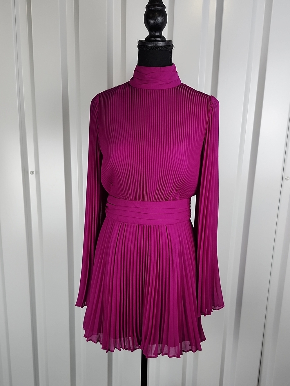 Milly Fuchsia Plisse Pleated Long-Sleeve Rosemary Mini Dress Sz 2 Chiffon Flowy
